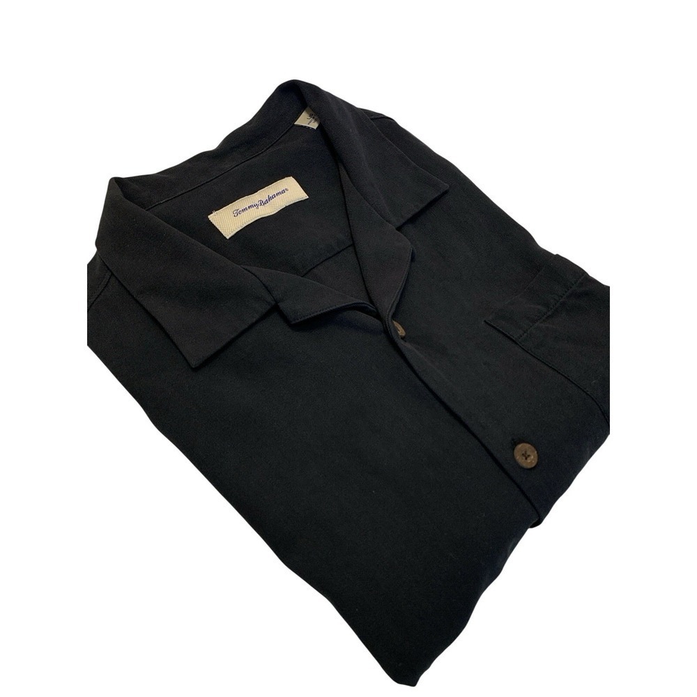Tommy Bahama L 100% Silk Short Sleeve Button Up Shirt Black Camp Beach Tropical